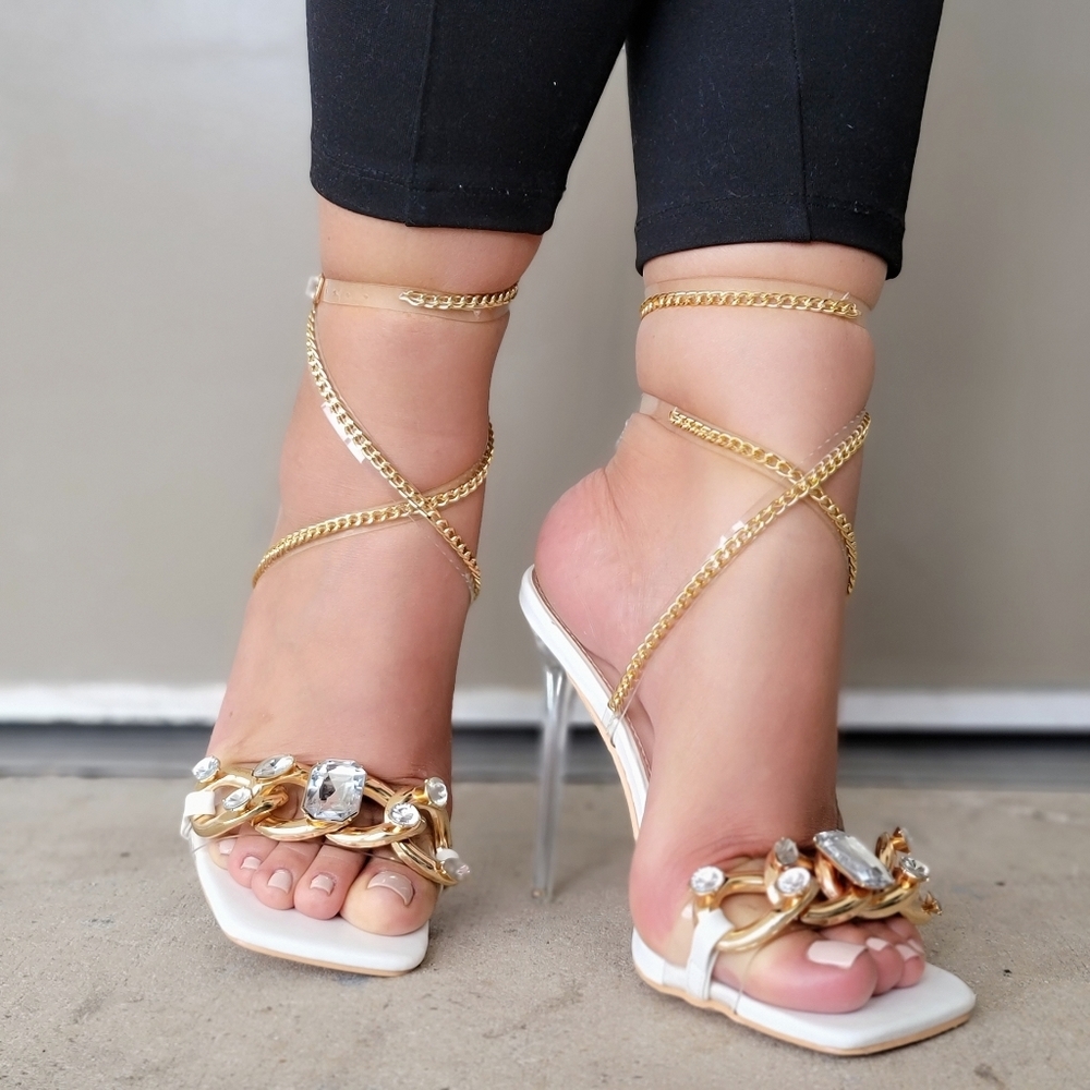 Elegant White Strappy Sandals Rhinestone Chain Open Square Toe Ankle Strap - Picture 2 of 5